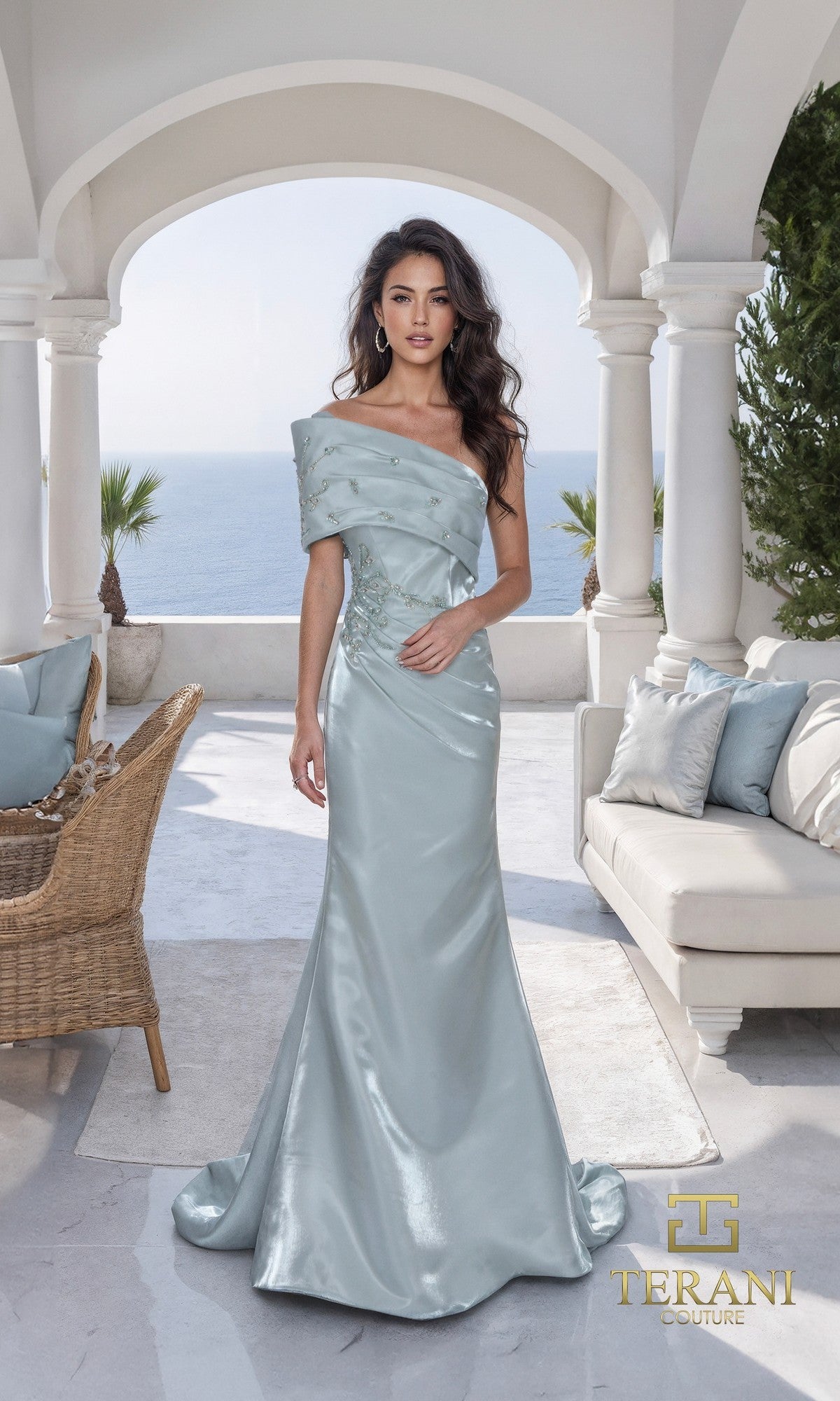 A woman stands on a terrace overlooking the sea, wearing the Terani 261E6227 long formal dress in sage with decorative details. The Terani Couture logo is displayed in the lower right corner.